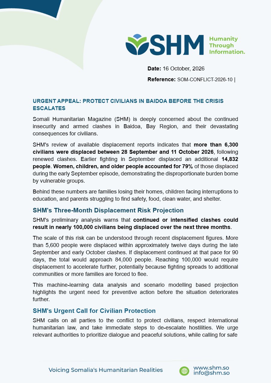 First page of URGENT APPEAL: PROTECT CIVILIANS IN BAIDOA BEFORE THE CRISIS ESCALATES