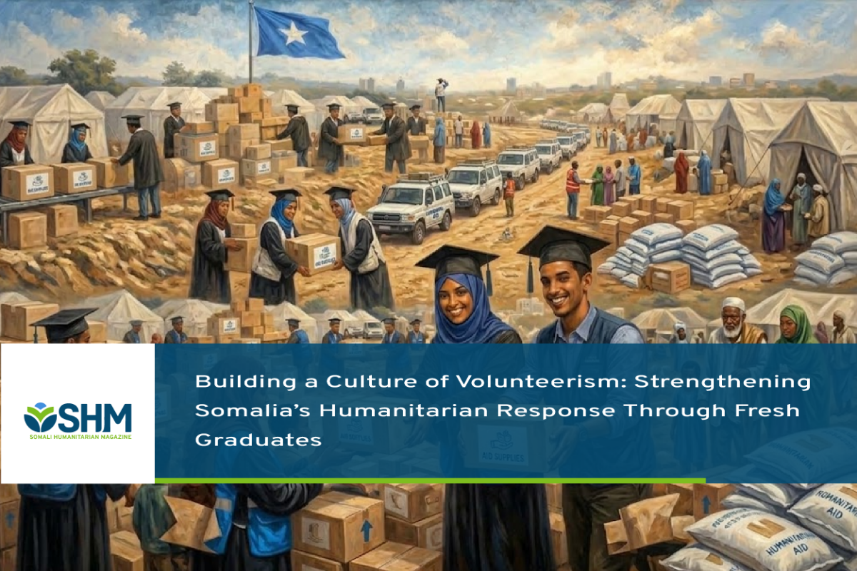 AI art generated showing Somali graduates handing out humanitarian relief supplies.
